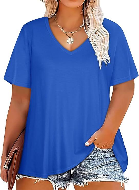 Plus Size Tops for Women V Neck Summer Top Loose Fit Short Sleeve T Shirts JOELLYUS 2026 Casual Tunic Blouses, Soft Fabric, Classic V-neck design, Solid & Graphic & Floral, Flowy Summer Clothes 2XL