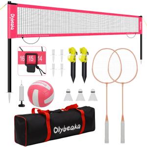 20ft Outdoor Volleyball & Badminton Combo Net Set for Backyard Beach with Adjustable Poles, Durable Anti-Sag Net, PU Volleyball, 2 Aluminum Rackets (Pink)