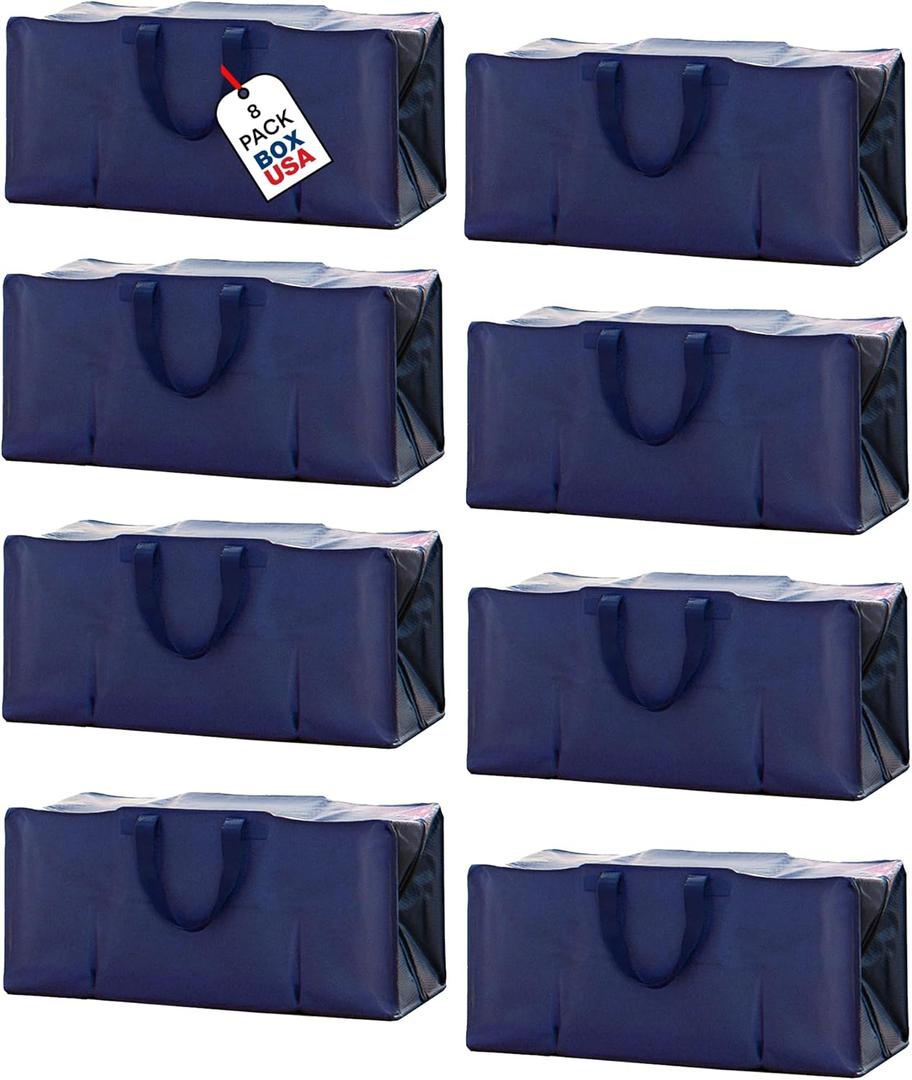 BOX USA Extra Large Moving Bags with Handles (8-Pack) - Heavy Duty 29.1 x 14.2 x 13 Waterproof Storage Bags for Clothes, College, Packing, and Travel  Blue Tote Bag with Zipper Closure