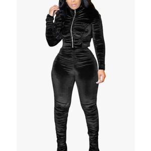 KANSOON Track Suits for Women Set 2 Piece Sweatsuits Outfits Velour Ruched Long Sleeve Zip Up Jacket and Pants Sets M Black