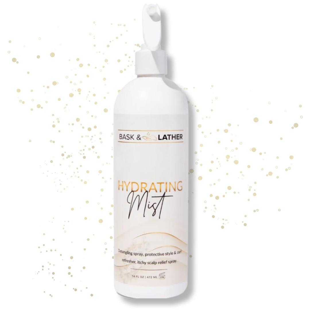 BASK & LATHER Hydrating Hair Mist, Leave-In Conditioner, Itchy Scalp Relief, Detangler, Curl Definer, Aloe Vera, Avocado Oil, For All Hair Types (16 oz)
