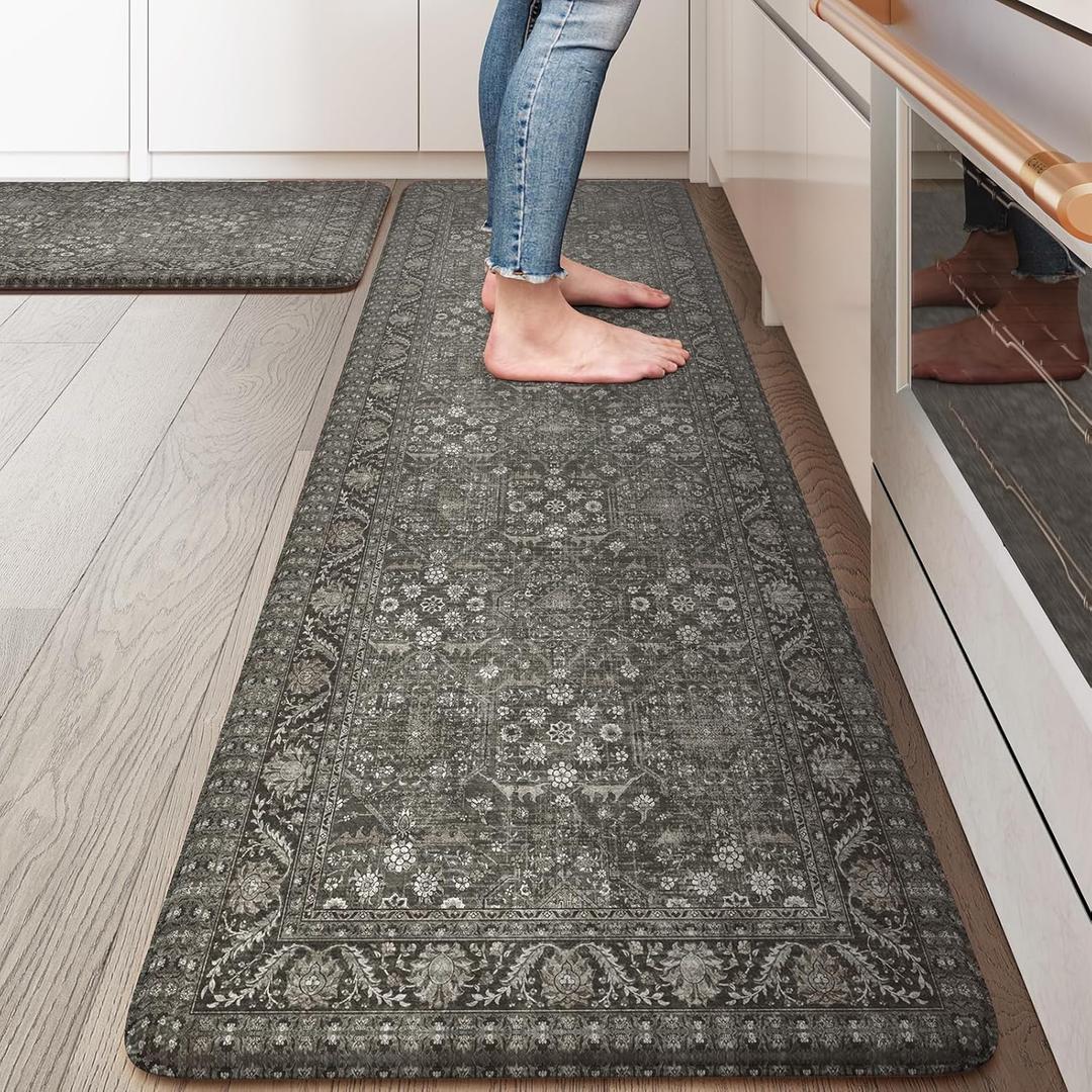 KIMODE Anti Fatigue Kitchen Mat 2PCS,Waterproof Farmhouse Green Kitchen Rugs Non-Slip,Vintage Kitchen Mat for Floor,Cushioned Comfort Foam Standing Mat for Laundry,Office,Sink,Desk (17.3" x 59"+17.3" x 29"--0.47 inches)