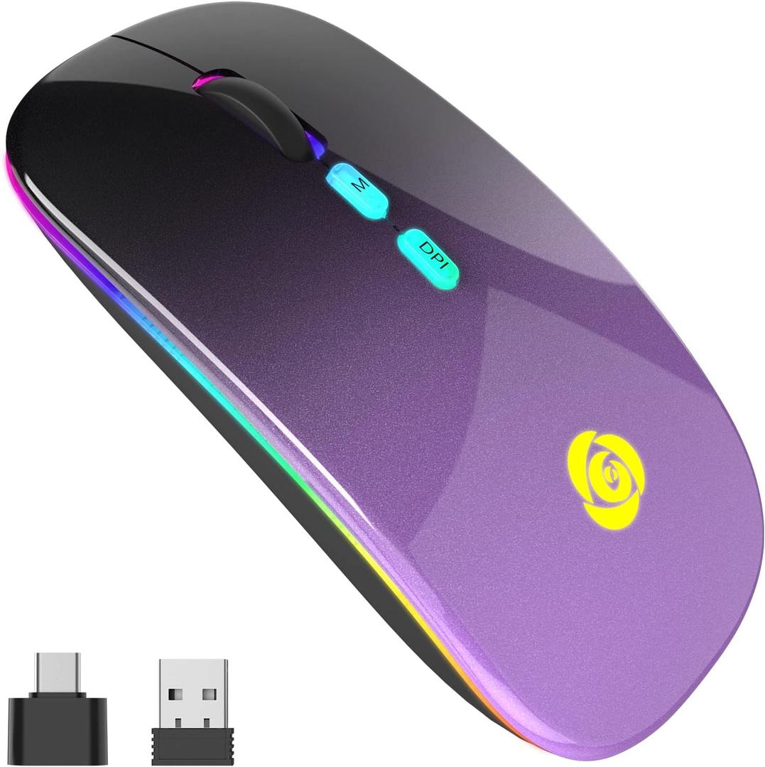 LED Wireless Mouse, Bluetooth Mouse &2.4GHz Instant Connection,Rechargeable Ultra Silent Slim,3 DPI 2 Connection Modes with USB-C to USB Adapter for Laptop/MacBook/PC/Tablet/iPad (Black-purple)
