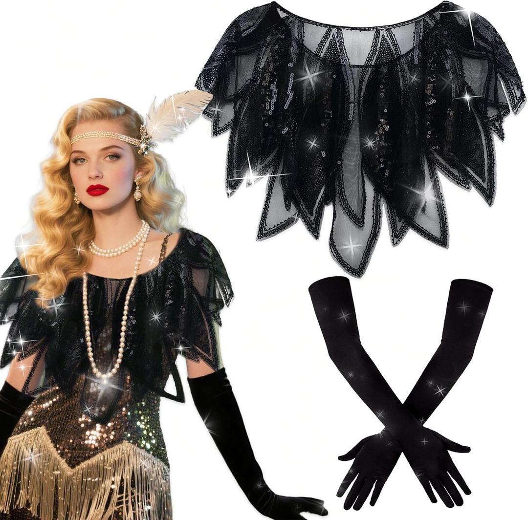 LaVenty Women's 1920s Sequin Beaded Flapper Cover Up Evening Wedding Party Bridal Gatsby Shawl (Black)