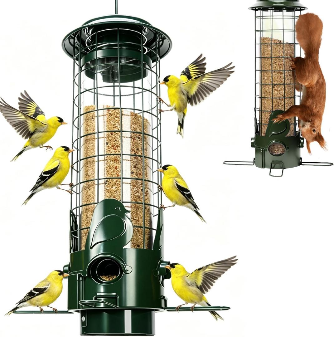 Squirrel Proof Bird Feeder, 3LB Large Capacity Hanging Metal Bird Feeders with Weight-Activated Mesh Perches for Wild Birds, Finch, Cardinal, Chickadee, Outdoor Yard Decor