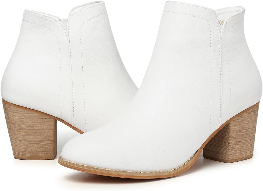 SHIBEVER Women's Ankle Boots Heel: Chunky Low Heeled Almond Toe Short Booties with Zipper Faux Suede Dress Western Fall 2025 Shoes (7.5, White Pu)