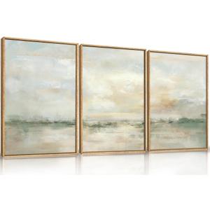 LHIUEM Large Abstract Green Gray Pastel Framed Canvas Wall Art, Neutral Landscape Wall Decor, Modern Watercolor Lake Artwork, Beige Textured Illustrations Art for Living Room, Bedroom, Office- 16"x24"x3