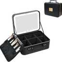 Prite Makeup Bag With LED Mirror 3 Light Modes Adjustable Brightness, Travel Cosmetic Train Case with Adjustable Dividers & Brush Holder, Portable Makeup Artist Organizer Bag for Women(Black)