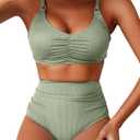 Herseas Women's Loop Straps Bikini Sets 2 Piece Shine Ribbed Swimsuits Ruched High Waisted Bathing Suits (Green, XL)