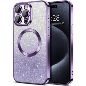 Hython for iPhone 15 Pro Max Case Clear Magnetic Glitter Phone Cases [Compatible with MagSafe] Full Camera Lens Protector Slim Gradient Sparkle Luxury Plating Shockproof Protective Cover Women, Purple
