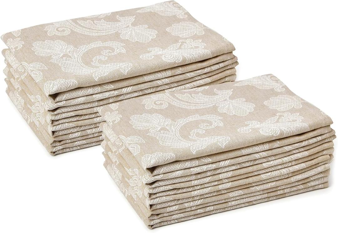 Encasa XO Dining Table Napkins Set of 12 I Size 18x18 in I Floral Beige Jacquard Style Print on Homespun Cotton I Fast Colours, Machine Washable (18" x 18" (Set of 12))