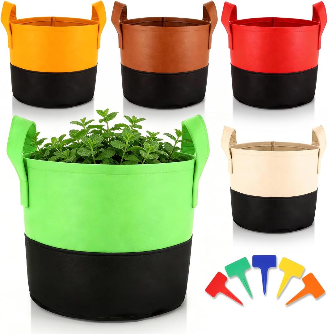 joyhalo 5-Pack 5 Gallon Garden Grow Bags, 350G Thickened Nonwoven Fabric Pots with Handles, Heavy Duty Planting Bags for Tomato, Potato and Vegetable, 5-Color Plant Labels