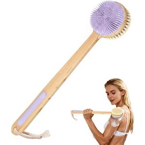 Back Scrubber for Shower - Double-Sided Silicone and Super-Dense Bristles for Deep Cleaning & Exfoliation, Bamboo Long Handle with Wider Anti-Slip Grip, Body Exfoliator for Wet or Dry Brushing