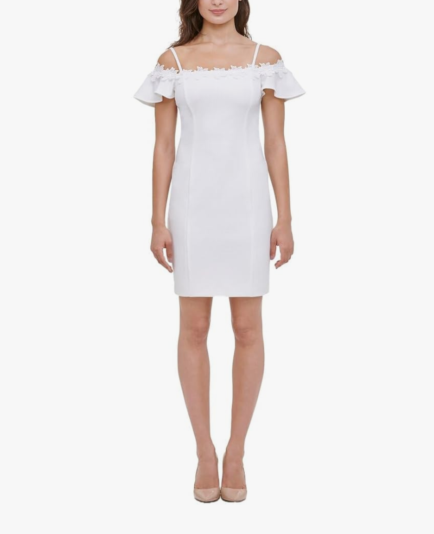 Kensie Women's Lace Trim Off The Shoulder Mini Dress, Blush, 4