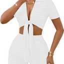 MSLG Women's Sexy 2 Piece Set Solid Summer Bodycon Suit Casual Tie Front Short Sleeve V Neck Crop Top Shorts Outfits Sets S42 (Large, White)