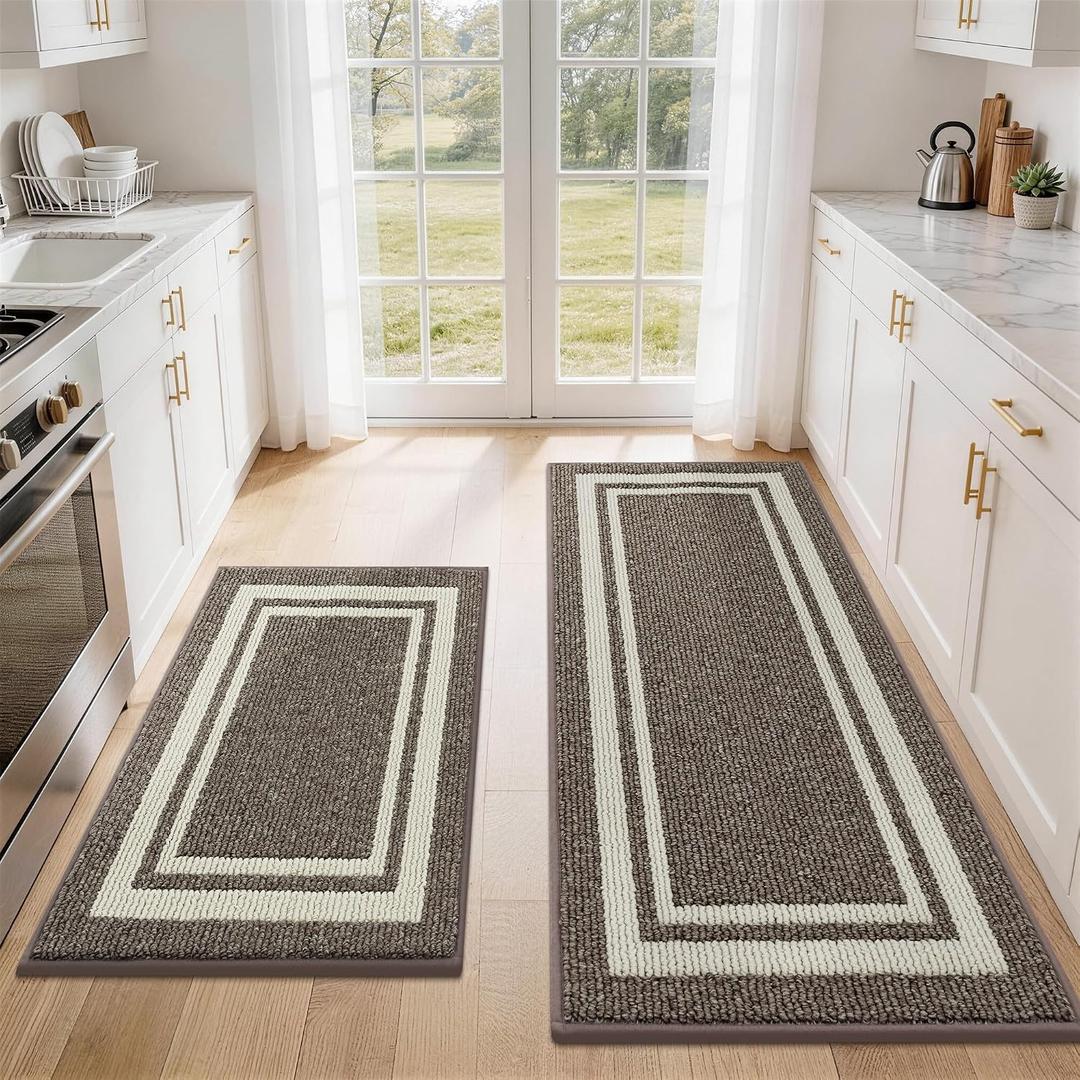 COSY HOMEER Kitchen Rugs Non-Slip 24x35/24x60 Inch Thick Polypropylene Standing Mat for Home Machine Washable, Brown Frame