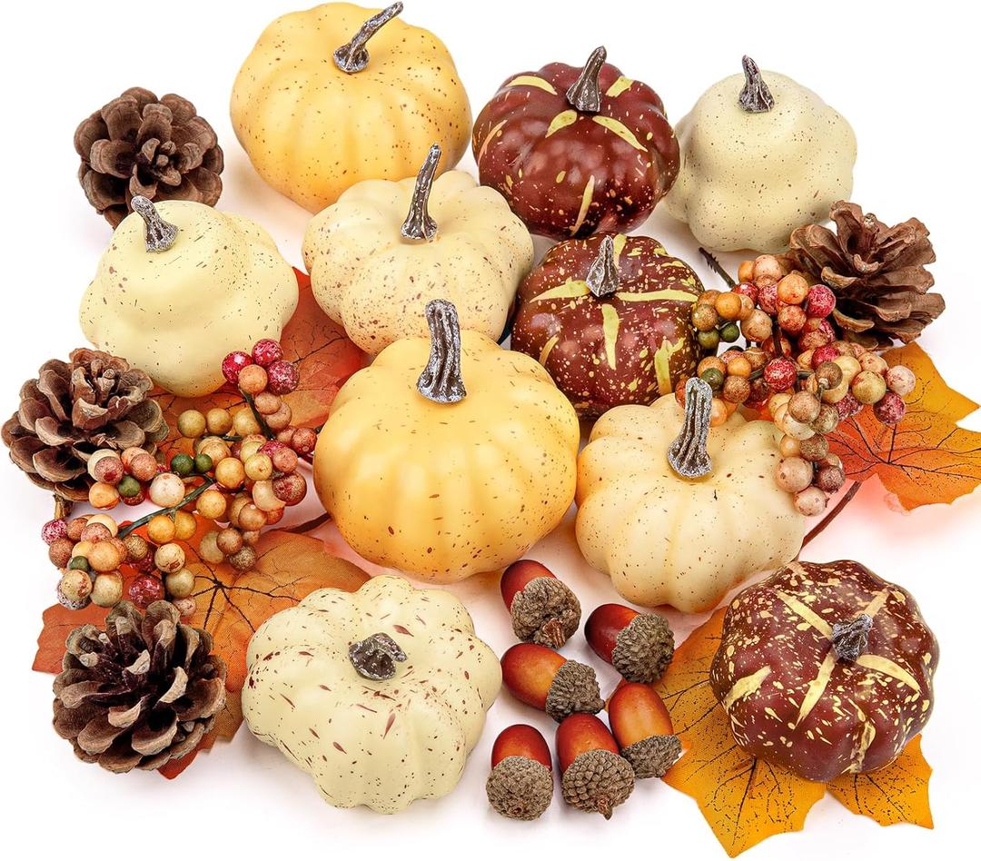 VEKDA 24Pcs Fake Pumpkin Decor Thanksgiving Table Decorations with mini Pumpkins, Acorns, Pine Cones, Berries, Maple Leaves Fall Decorations for Home Orange (Style-1)