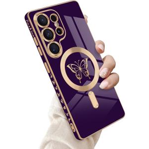 for Samsung Galaxy S25 Ultra 5G Magnetic Case, Cute Butterfly Luxury Plating Edge Case for Women Girls Men Soft TPU Shockproof Full Camera Protective Cover for Samsung Galaxy S25 Ultra-Purple