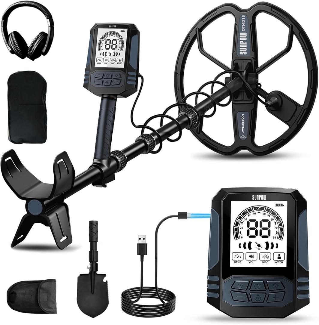 SUNPOW Rechargeable Metal Detector for Adults, 35H Battery Waterproof Gold Detector Kit, 10'' Deep Search Double-D Coil, High Accuracy Pinpointer for Beach, Saltwater & Yard – OTMD15