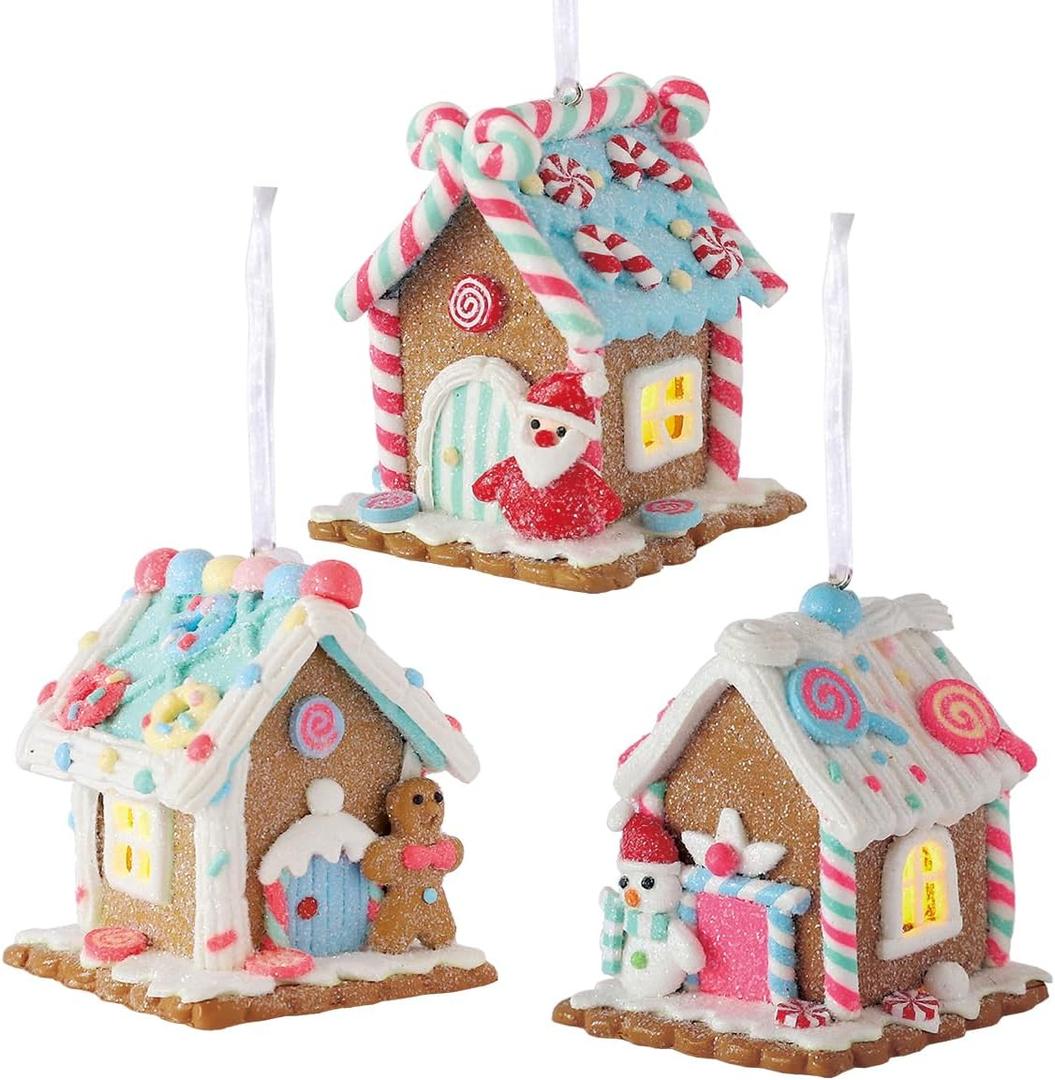 3Pcs Pastel Gingerbread House Ornaments - Candy Clay House with Led Light Hanging Ornament for Christmas Tree Xmas Holiday New Year Home Party Decorations