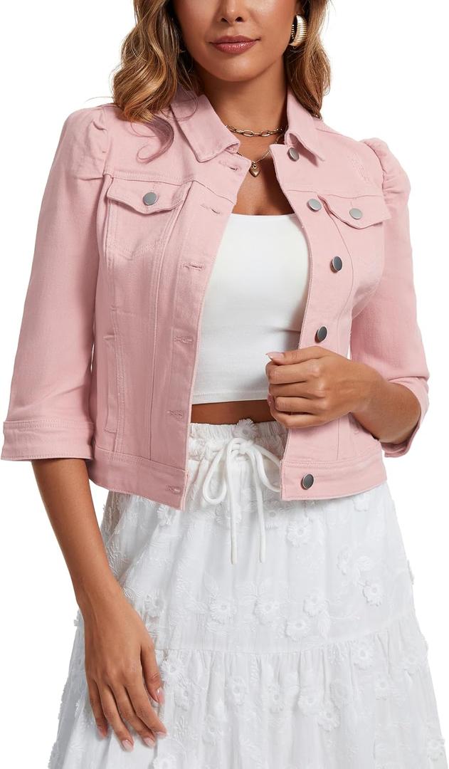 Women's Jean Jacket Cropped Denim Jacket Stretchy 3/4 Puff Sleeve Distressed with Pockets, Medium