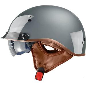 Vintage Half Face Helmet Motorcycle Open Face Sun Visor Quick Release Buckle Cycling Motocross Helmets Suits Men Women DOT Approved (Large, Grey)