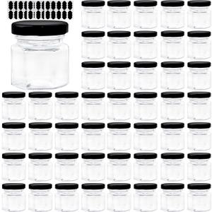 1.5 OZ Mini Hexagon Glass Jars, 48 Pack Empty Honey Jars Small Spice Jars with Black Lids and 50 Pcs Labels for Jam, Homemade Projects, Gifts, Wedding Party Favors