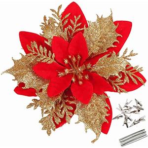 GREENTIME 12 Pcs Glitter Poinsettia 5.5" Artificial Flowers Christmas with Clips Stems Xmas Tree Ornaments for New Year Party Stairs Fireplace Porch Balcony Garden Church Wreath Decoration (Red Gold)