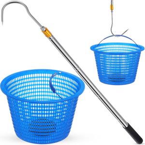 Leinuosen 1 Set 8'' Pool Skimmer Basket with Weighted Bottom and 30.3'' Long Telescopic Hook Universal Replacement Basket with Handle Remove Leaf Debri for Inground Swimming Pool Maintenance(Blue)