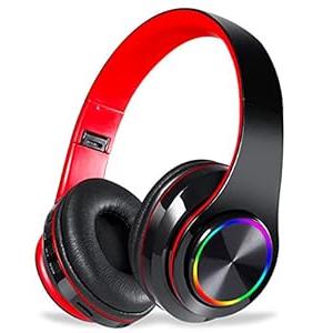 Fragolucyou Wireless Bluetooth Headphones-Colorful Lights, Large Battery Capacity, Foldable, Bluetooth 5.0, 10 m Range, Stereo Surround, Built-in Microphone, Comfortable affixed Ears (Black-red)