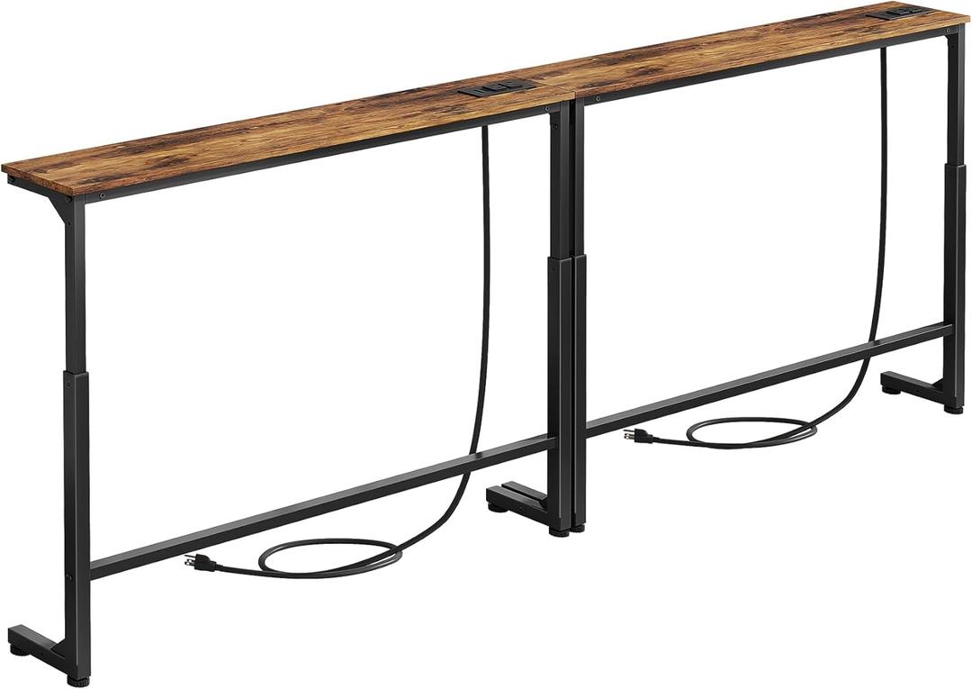Kitstorack 2-Pack Narrow Console Table with Adjustable Height (25"-33") & 2 Power Outlets, Skinny Behind Couch Table, 79" Long x 5.9" Wide Sofa Side Table for Living Room, Rustic Brown
