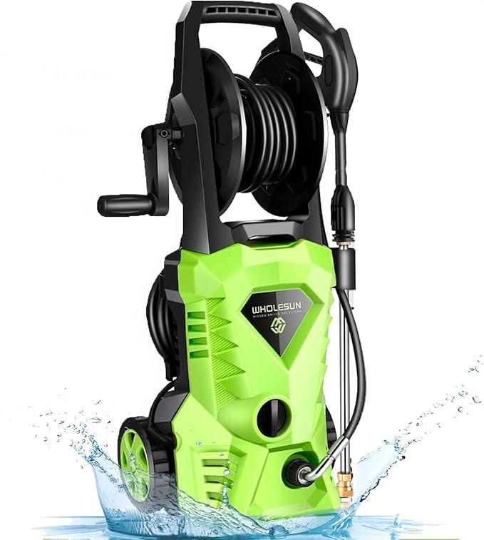 WHOLESUN 3000PSI Electric Pressure Washer 2.4GPM 1600W Power Washer with Hose Reel and Brush Green
