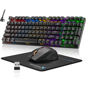 Wireless Mechanical Keyboard and Mouse Combo, 98-Key Gaming Keyboard with RGB Backlit, Tri-Mode BT5.0/2.4G/USB-C, 4000mAh Battery, 3200 DPI Gaming Mouse with Mouse Pad for PC, Laptop, Tablet