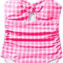 Floerns Girl's Gingham Print Ruched Cut Out Knot Front One Piece Swimsuit (Hot Pink, 10y)