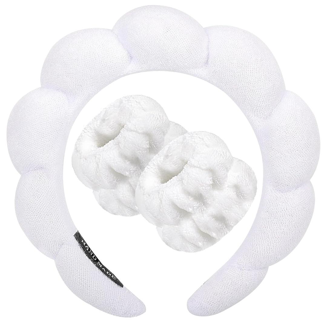 Zkptops Spa Headband for Washing Face Wristband Sponge Makeup Skincare Headband Bubble Soft Terry Cloth Hairband Christmas Birthday Gift for Women Girls Fashion Puffy Non Slip Thick Headwear (White)