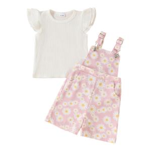 IQREENY Toddler Baby Girl Clothes Flying sleeve rib Round neck Top Daisy Print Suspender Shorts with Pocket Summer Baby Outifts Pink 2-3T (Pink, S)