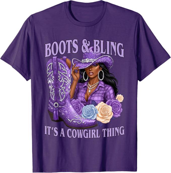 Boots and Bling its a Cowgirl Thing Purple Cowgirl Melanin T-Shirt, Ladies M