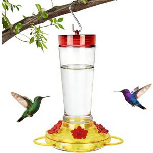 Joliyoou Hummingbird Feeder, 10 Once Glass Hummingbird Feeder Outdoor Hanging, Bird Nectar Feeder (Yellow Cover with Red Flowers - 1 PACK)
