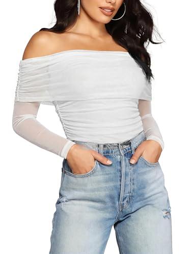 GLEENEAT Women's Off The Shoulder Long Sleeve Bodysuit Sexy Slimming Body Suit Tops Sheer Mesh Ruched Fall Outfits 2026 White M