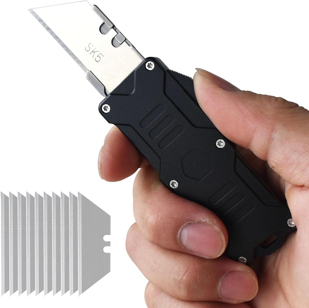 Folding Utility Knife For Men, Double Action Auto Retractable Knife, EDC Self Retracting Box Cutter With Belt Clip, Assisted Opening Automatic Knife Push Button With 10pcs Extra Blades (Black)