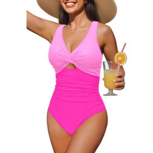 Tempt Me Women One Piece Swimsuits - Tummy Control Cutout Bathing Suit V Neck Twist Front Swimwear 2025 (Large, Pink)