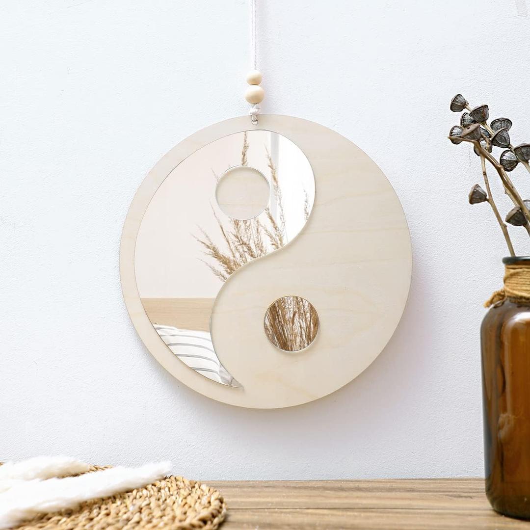 Artilady Yin Yang Decorative Mirror - Boho Wood Mirror Macrame Taiji Small Round Mirror Wall Decor for Apartment Nursery Bedroom Living Room Farmhouse Funky Home Decor