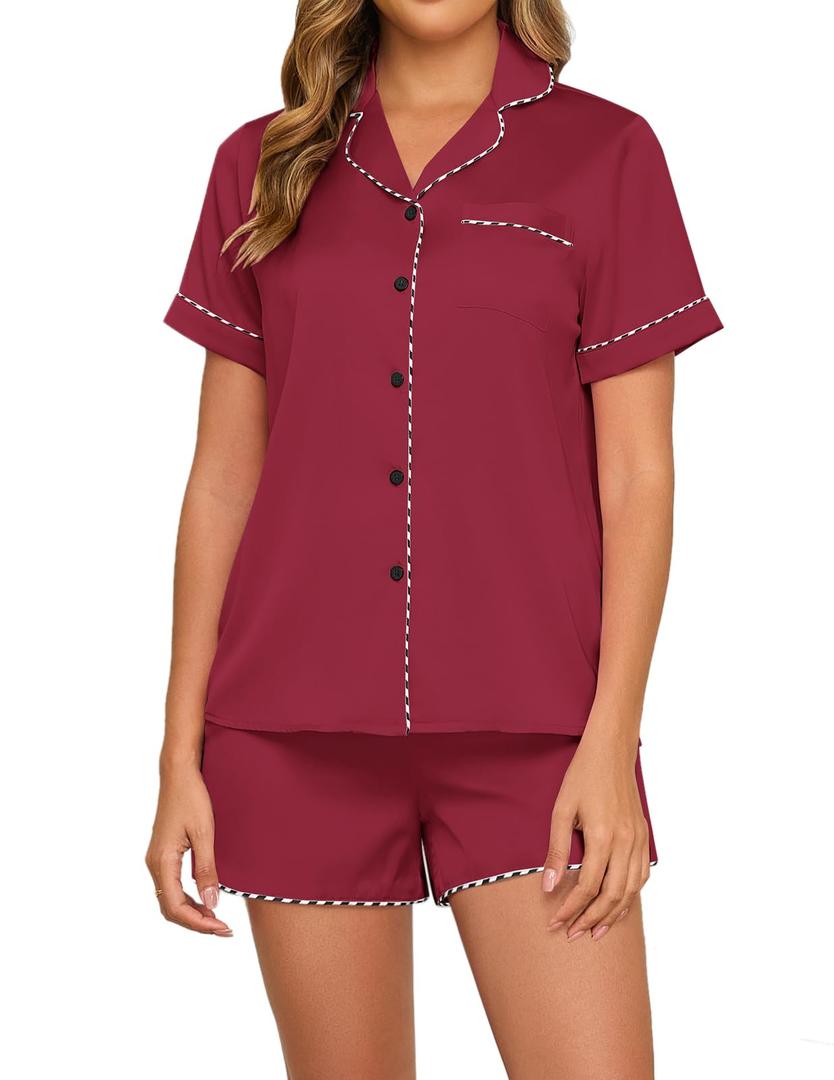 HALCYEEN Easy Care Women's Satin Pajama Set - 2 Piece Short Sleeve Sleepwear, Wrinkle-Resistant Loungewear(Wine Red,XL) (Red, XL)