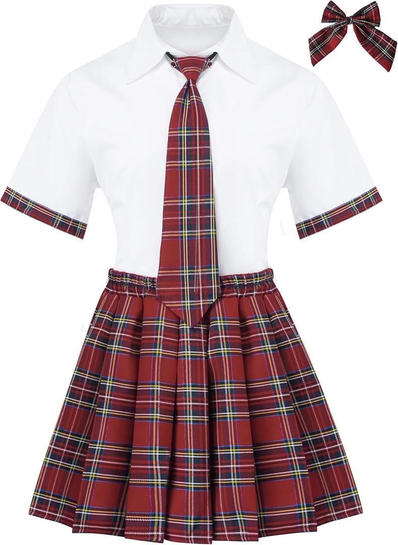 Women School Girl Outfits Set School Girl Costume Top With Mini Pleated Skirt (White, XL)