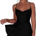 AGYMNX Women Sexy Spaghetti Strap Satin Dress Sleeveless Low Cut Backless Short Romper Dress Party Jumpsuit Mini Sundress XL
