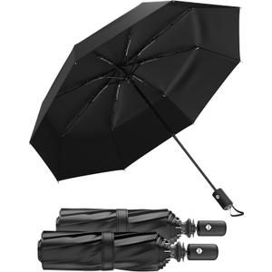 Rain-Mate Windproof Compact Umbrellas for Rain - Strong Reinforced Fiberglass Rib Design & Auto Open & Close - Portable Folding Travel Umbrella - Lightweight & Packable for Women & Men, Easy Collapse (2. Black (2 Pack))