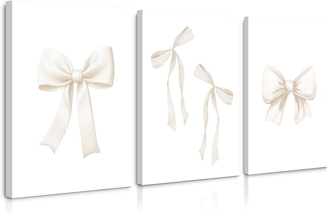 Bow Wall Art Coquette Room Canvas Decor Beige Bow Poster Preppy Wall Deocr Aesthetic Pictures Coquette Girly Posters Nursery Art Prints for Girls Bedroom 16x24 Inch Framed Set of 3