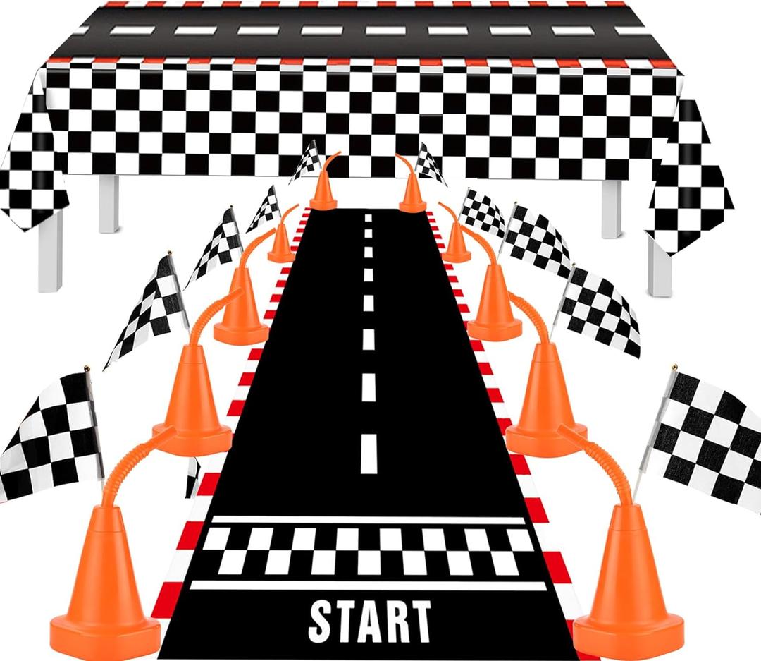 33 Pcs Race Car Party Decorations, Kids Party Decoration, Race Car Cups with Straws, Racing Checkered Flags, Racetrack Floor Runner and Racing Car Themed Tablecloths for Birthday Party Decoration (Black White)