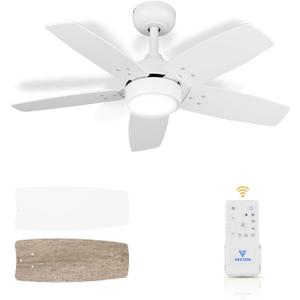Ceiling Fan 36'' for Small Room: Matte White Modern Fans with Light Remote Control - Reversible Quiet DC Motor Dimmable with 6 Speeds for Dorm Room Bedroom Indoor Outdoor Use