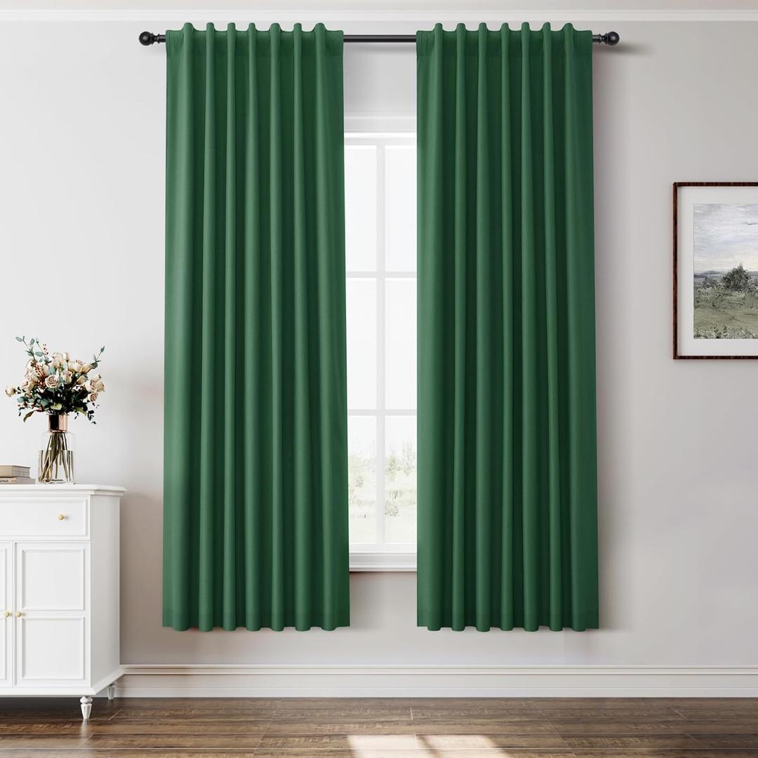 Dark Green 100% Blackout Curtains 72 Inch Length 2 Panels for Bedroom Insulated Solid Linen Textured Room Darkening Drapes with Hooks Back Tab Black Out Window Curtain Living Room 52x72